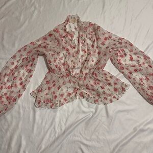 Love Notes Cream Peplum Blouse with Ruffled Mandarin Collar